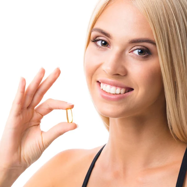 Portrait Smiling Young Woman Sportswear Omega Fish Oil Capsule Indoors — Stock Photo, Image