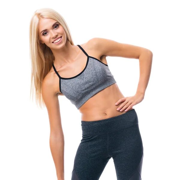 Porträtt Ung Glad Leende Blond Kvinna Gör Fitness Motion Isolerad — Stockfoto