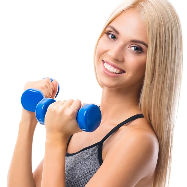 Young Happy Smiling Blond Woman Sportswear Doing Fitness Exercise Dumbbells — Stock Photo, Image