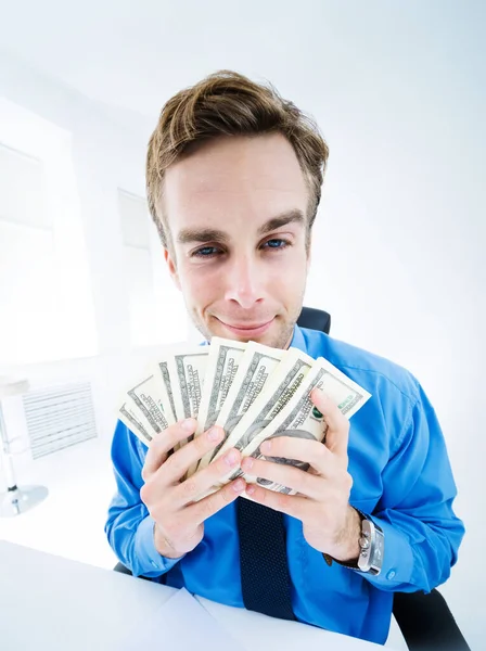 Portrait Young Happy Businessman Money Blue Shirt Banking Finance Credit — Stock Photo, Image