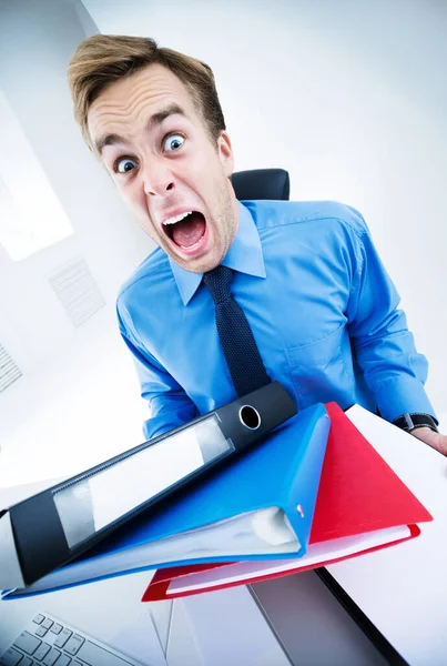 Funny Stressed Young Businessman Blue Shirt Folders Documents Job Occupation — Stock Photo, Image