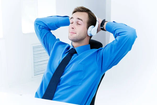 Portrait Happy Relaxing Businessman Headphones Office Success Business Concept — Stock Photo, Image