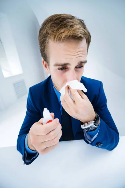Portrait Ill Businessman Blowing His Nose Handkerchief Success Business Job — Stock Photo, Image