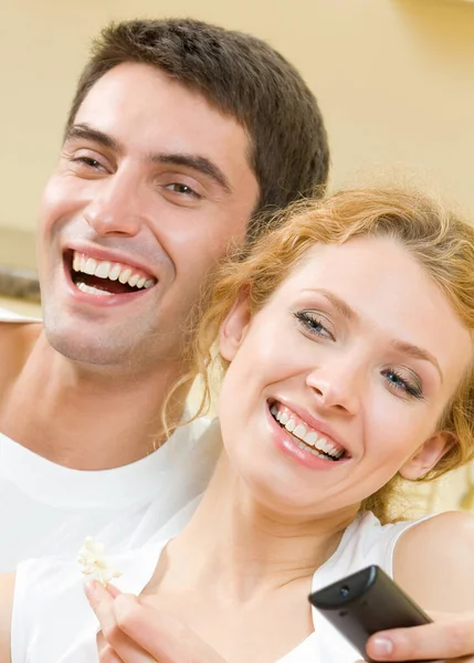 Cheerful Young Couple Watching Together — Stock Photo, Image