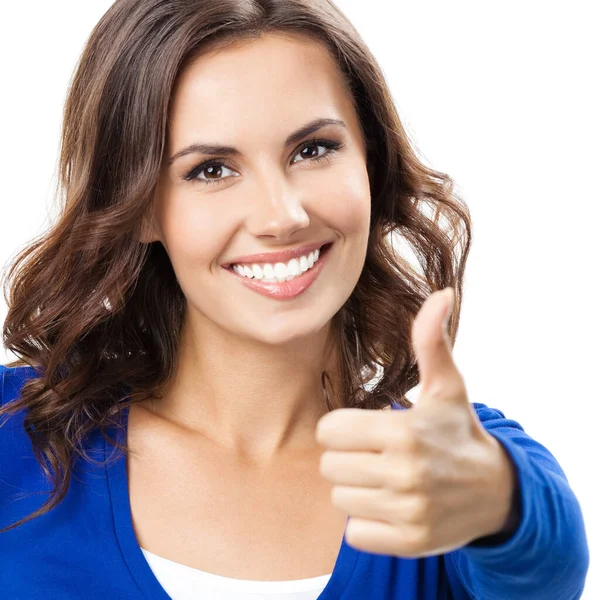 ジェスチャでは 白い背景で隔離の親指を示す幸せな笑顔の美しい若い女性 — ストック写真