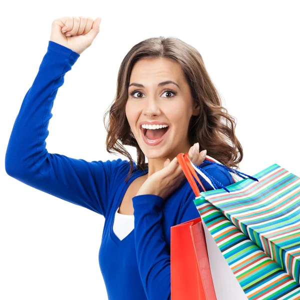 Портрет Молодой Счастливой Улыбающейся Женщины Пакетами Покупок Белом Фоне — стоковое фото