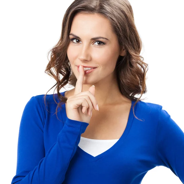 Portrait Young Woman Keeping Finger Her Lips Asking Keep Quiet — Stock Photo, Image