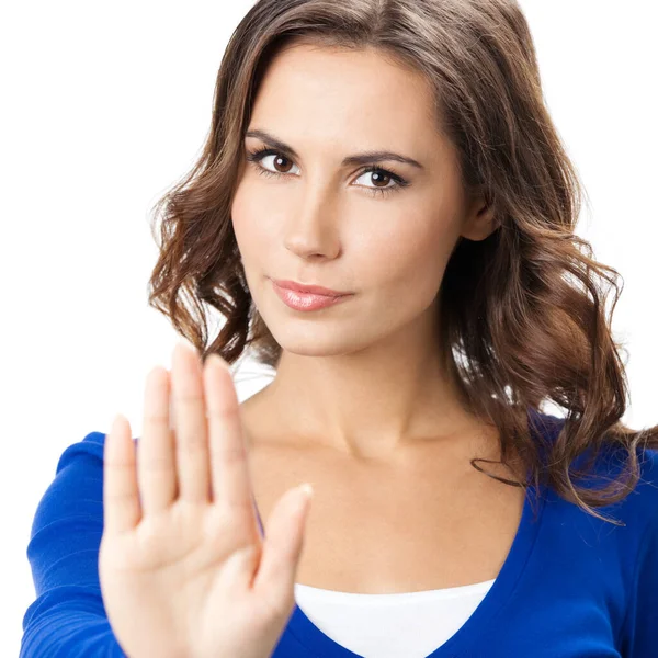 Serious Young Woman Showing Stop Gesture Isolated White Background — Stock Photo, Image