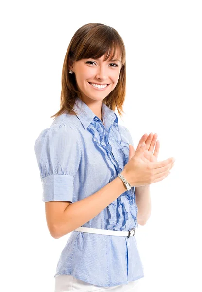 Portrait Jeune Femme Affaires Heureuse Applaudissant Isolée Sur Fond Blanc — Photo