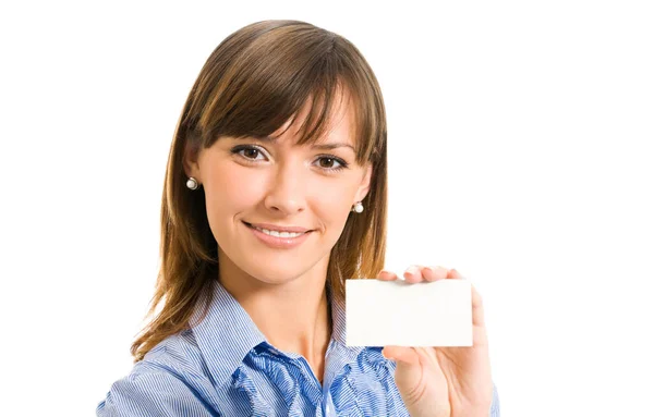 Gelukkig Glimlachende Zakenvrouw Met Blanco Visitekaartje Plastic Kaartje Geïsoleerd Witte — Stockfoto