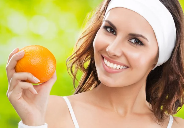 Portrait Happy Smiling Young Beautiful Woman Fitness Wear Orange Outdoors — Stock Photo, Image