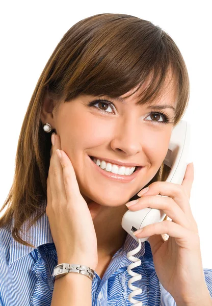 幸せな白い背景で隔離の携帯電話で成功したビジネスの女性の笑みを浮かべて — ストック写真
