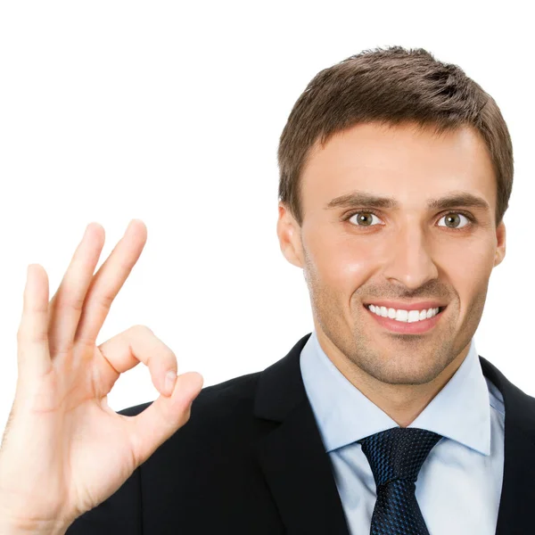 Happy Smiling Cheerful Young Business Man Okay Gesture Isolated White — Stock Photo, Image