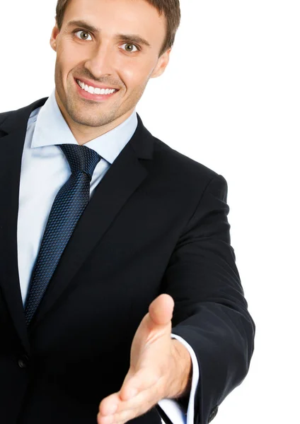 Happy Smiling Young Business Man Giving Hand Handshake Isolated White — Stock Photo, Image