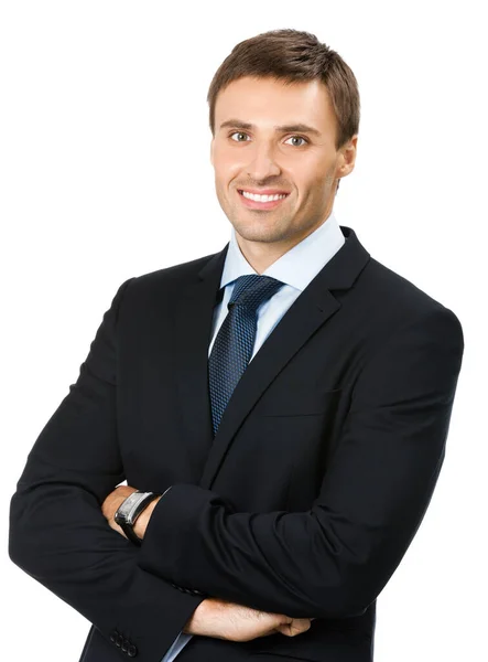 Portret Młodego Uśmiechniętego Biznesmena Odizolowanego Białym Tle — Zdjęcie stockowe