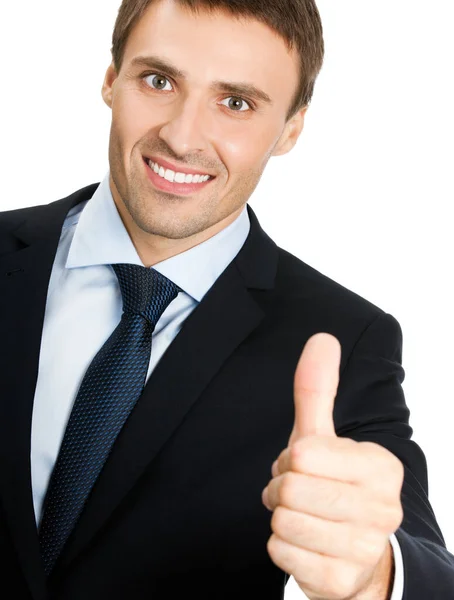 Счастливый Улыбающийся Молодой Бизнесмен Большим Пальцем Вверх Жестом Изолированный Белом — стоковое фото