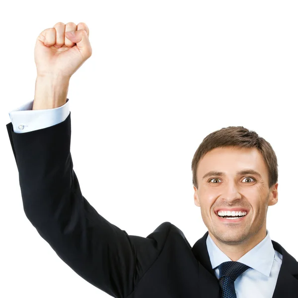 Счастливый Успешный Жест Веселый Молодой Бизнесмен Изолированный Белом Фоне — стоковое фото