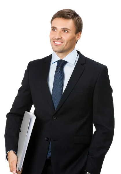 Portret Szczęśliwy Uśmiechający Się Człowiek Biznesu Folderu Szary Białym Tle — Zdjęcie stockowe