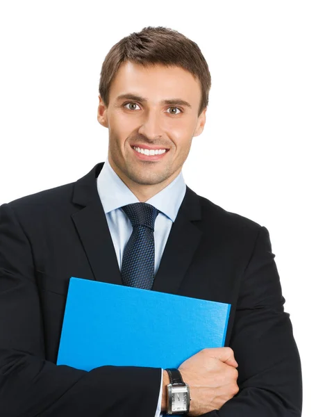 快乐的微笑业务人与蓝色文件夹 孤立在白色背景的肖像 — 图库照片