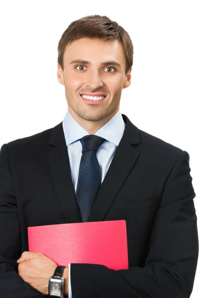 赤いフォルダーし 白い背景で隔離の幸せの笑みを浮かべてビジネス男の肖像 — ストック写真