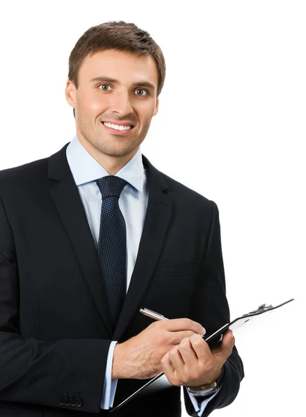 Glücklich Lächelnder Junger Geschäftsmann Mit Klemmbrettschrift Isoliert Auf Weißem Hintergrund — Stockfoto