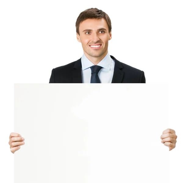 快乐的微笑着的年轻商业人 显示空白的招牌 孤立在白色背景 — 图库照片