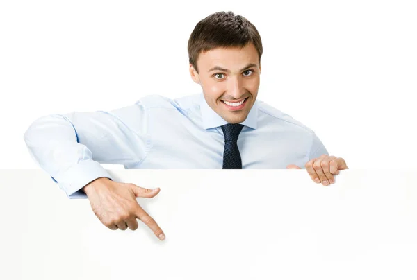 Happy Smiling Young Business Man Showing Blank Signboard Isolated White — Stock Photo, Image