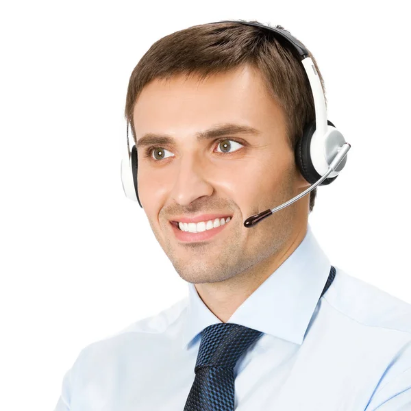 Retrato Del Feliz Operador Atención Cliente Sonriente Auriculares Aislado Sobre —  Fotos de Stock