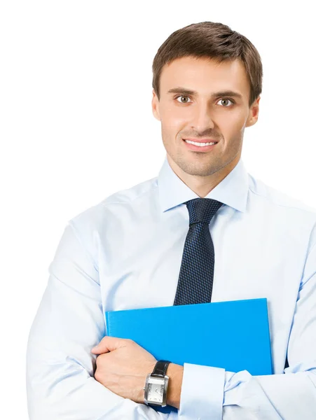 Portrait Happy Smiling Business Man Blue Folder Isolated White Background — Stock Photo, Image