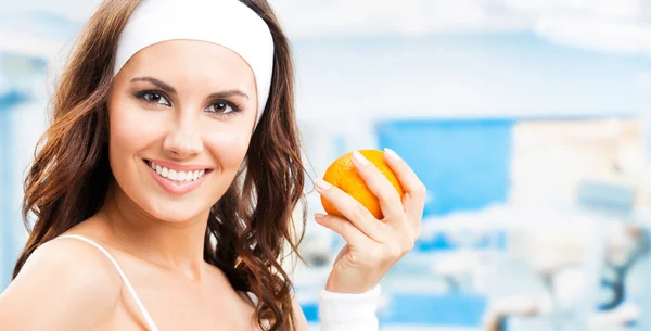 Cheerful Young Beautiful Woman Orange Fitness Center Gym — Stock Photo, Image