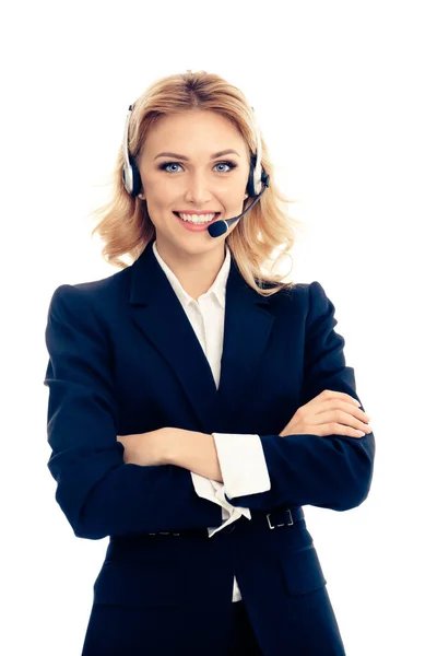 Call Center Lächelnde Junge Telefonistinnen Headset Isoliert Vor Weißem Hintergrund — Stockfoto