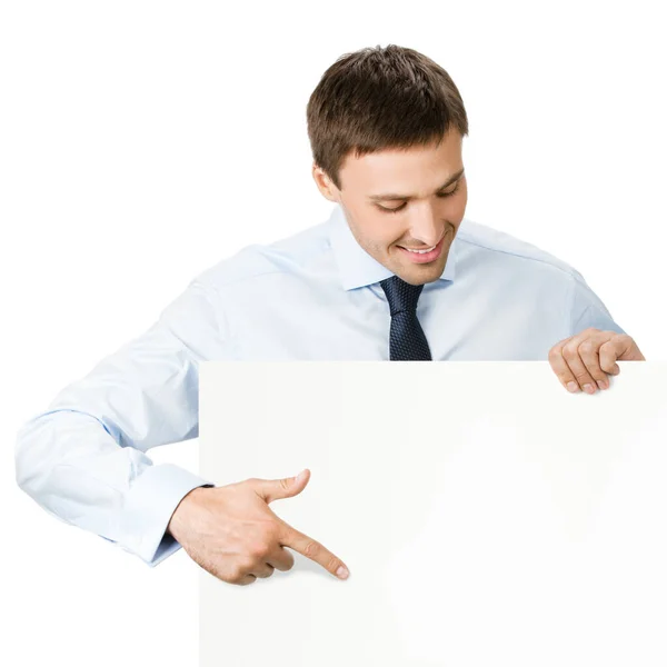 Happy Smiling Young Business Man Showing Blank Signboard Isolated White — Stock Photo, Image