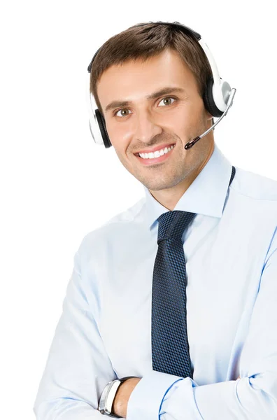 白い背景で隔離のヘッドセットでの笑みを浮かべて男性顧客サポート電話オペレーターは幸せのポートレート — ストック写真