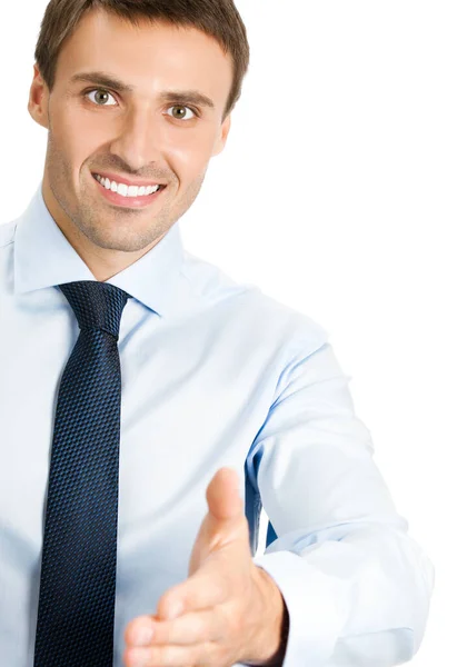 幸せな笑顔若いビジネス男握手 白い背景で隔離のための手を与える — ストック写真
