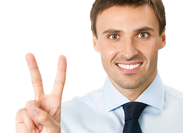 幸せな笑顔若いビジネス男 本の指または勝利ジェスチャでは 白い背景に分離を示す — ストック写真