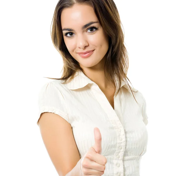 年轻的幸福女人的姿态 孤立在白色背景竖起大拇指 — 图库照片
