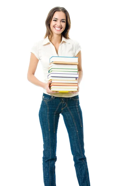 Volledige Lichaam Portret Van Jonge Gelukkig Lachende Vrouw Met Schoolboeken — Stockfoto