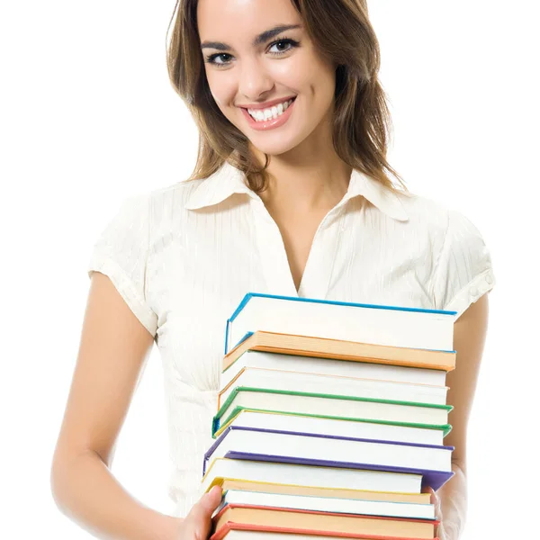 Mladá Šťastná Usmívající Žena Učebnice Izolované Bílém Pozadí — Stock fotografie