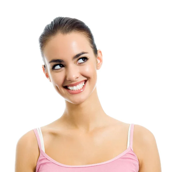 女性の肖像若い幸せな笑みを浮かべて思考 白い背景の上の分離 — ストック写真