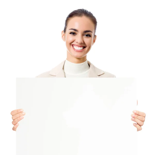 白い背景で隔離された空白の看板を示す幸せな若いビジネス女性 — ストック写真