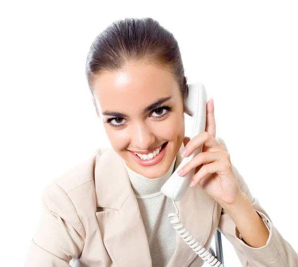快乐微笑开朗的年轻商业女人或客户支持电话运营商 孤立在白色背景的肖像 — 图库照片