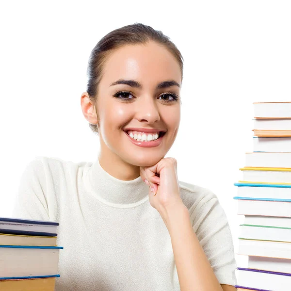 Porträt Eines Denkenden Mädchens Mit Schulbüchern Isoliert Auf Weißem Hintergrund — Stockfoto