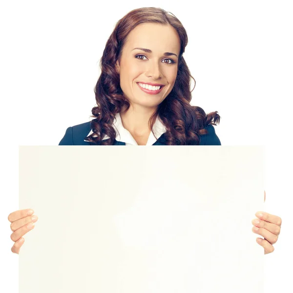 蓝色文件夹 孤立在白色背景上的幸福微笑业务女人肖像 — 图库照片