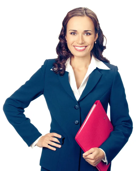 Portret Szczęśliwy Uśmiechający Się Kobieta Biznesu Folderu Czerwony Białym Tle — Zdjęcie stockowe