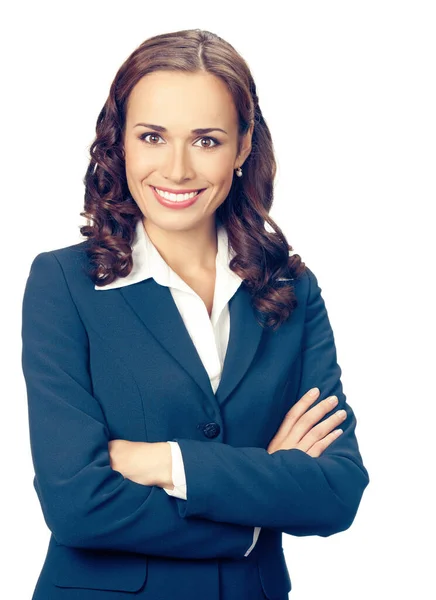 Retrato Mulher Negócios Sorridente Feliz Isolado Fundo Branco — Fotografia de Stock