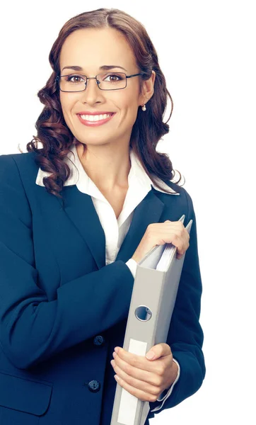 快乐微笑女商人 在灰色的文件夹中 在白色背景上隔离带眼镜的肖像 — 图库照片