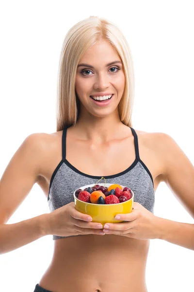 Femme Tenue Sport Avec Assiette Fruits Isolée Sur Fond Blanc — Photo