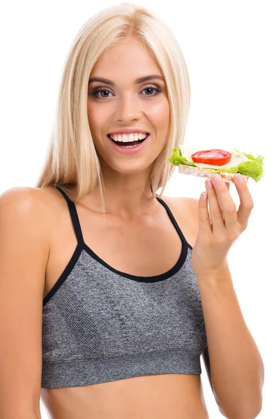 Frau Sportbekleidung Mit Vegetarischem Sandwich Isoliert Vor Weißem Hintergrund Junges — Stockfoto