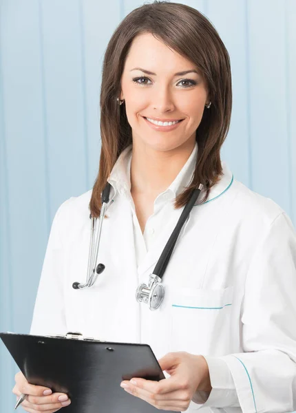 Portrait Cheerful Female Doctor Clipboard Office Stock Picture