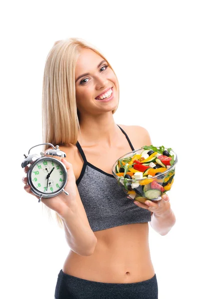 Femme Tenue Sport Avec Assiette Salade Réveil Isolée Sur Fond — Photo